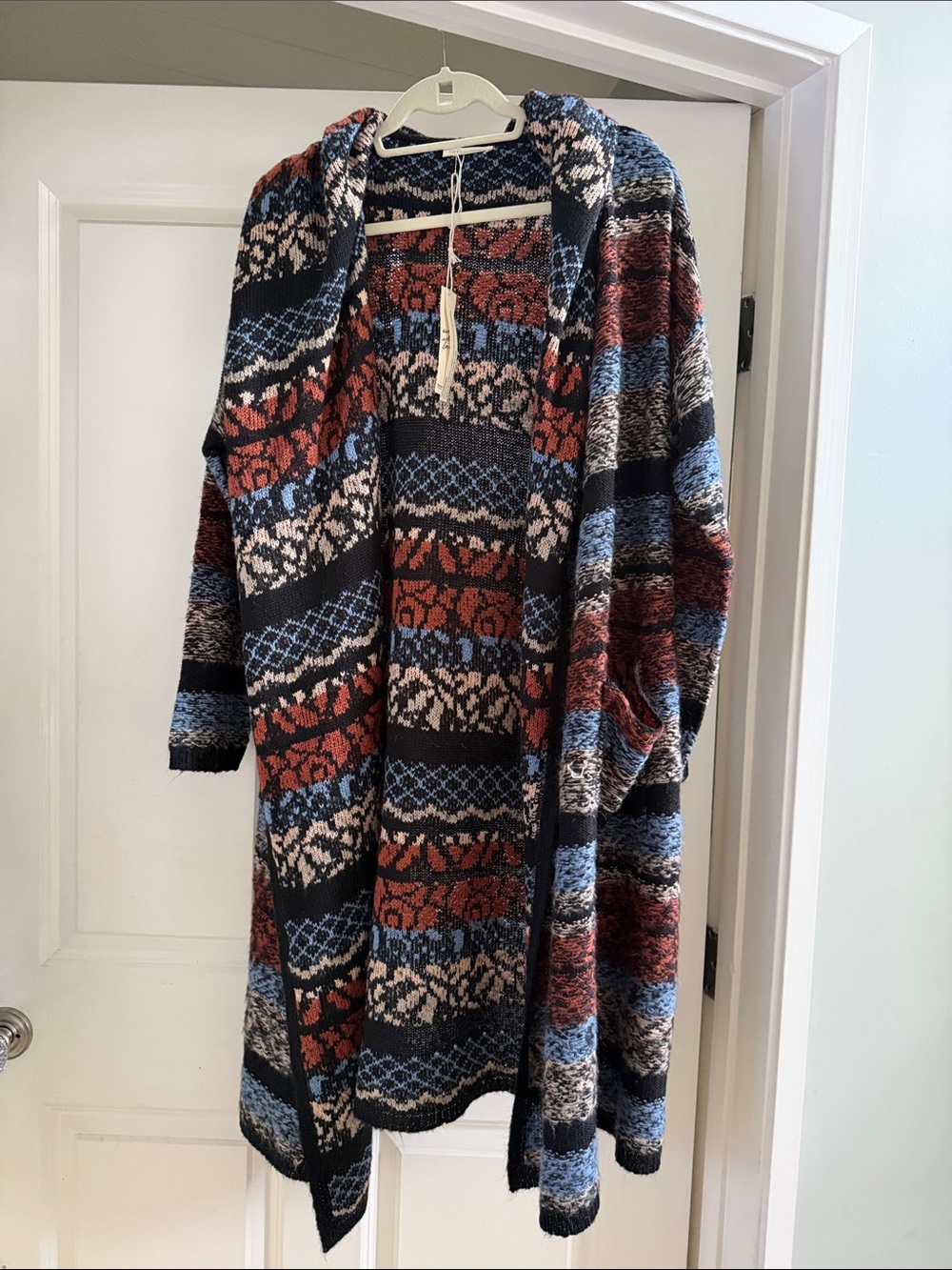 Love Stitch Open-Front Hooded Cardigan in Rust, Blue, Black